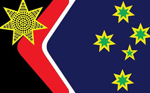 A black, red, white and blue design with gold and green stars and a gold star with black dots.
