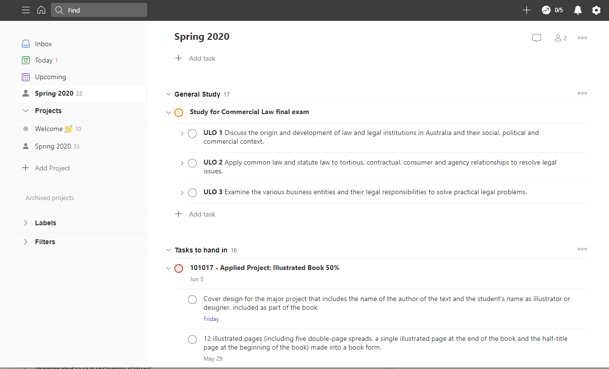 Screenshot of Spring 2020 ToDoist list with example assignment content in a single column down the page. Tasks and subtasks are grouped under 'General Study' and 'Tasks to hand it' sections.