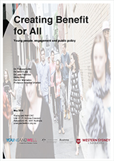 The cover of the Creating Benefit for All report featuring a group of young people walking down an alley on the cover.