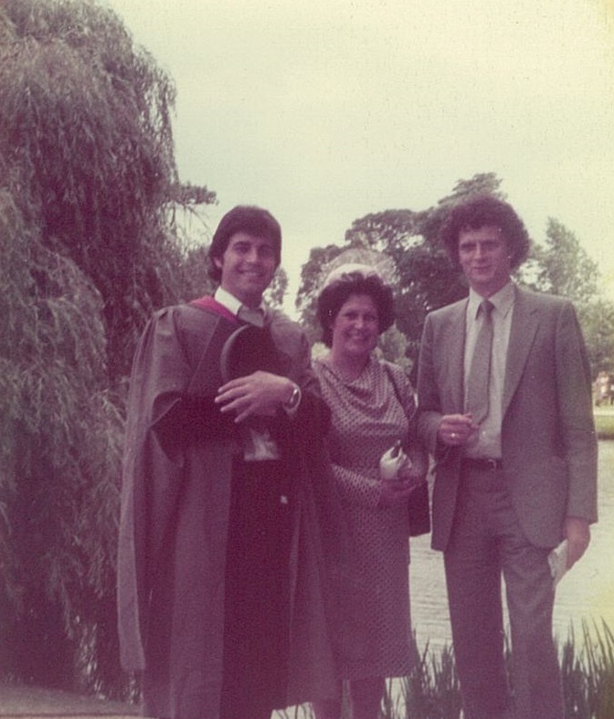 Professor David Rowe at his graduation with his mother and Professor Laurie Taylor