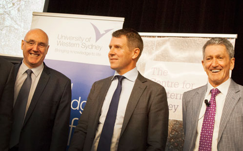 Professor Barney Glover, Premier Mike Baird, Professor Phillip O'Neill
