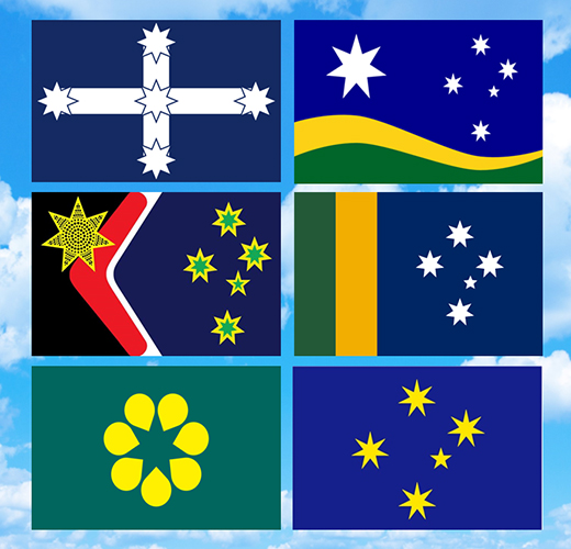 Six flag designs places against a blue sky background. 1. A white cross design with a star on each point and one in the centre of the cross, placed against a blue background. 2. Six stars (one large) against a blue background with gold and green waves below it. 3. A black, red, white and blue design with gold and green stars and a gold star with black dots. 4. Green and gold vertical stripes on the left with five white stars against a blue background on the right. 5. Golden wattle emblem made up of seven gold petal shapes to form a flower against a green background. 6. Five gold stars against a blue background.