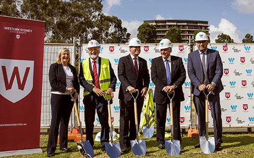 Turning the first sod of the Bankstown City campus. Pictured: (L-R) Western Sydney University Deputy Chancellor and Western Sydney District Commissioner, Greater Sydney Commission, Liz Dibbs; Chancellor, Professor Peter Shergold AC; Minister for Jobs, Investment, Tourism and Western Sydney, The Hon Stuart Ayres MP; Walker Corporation Executive Chairman, Lang Walker AO; City of Canterbury Bankstown Mayor Khal Asfour.