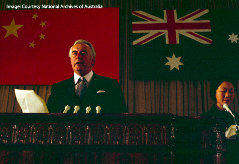 Gough Whitlam in China standing in front of national flags