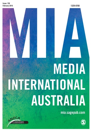 Image of the cover of the February 2016 issue of the journal Media International Australia. The acronym 'MIA' and words "Media International Australia' appear in large type against a white, blue and green background. The URL mia.sagepub.com appears in smaller type. In the logo of the Australia and New Zealand Communication Association is visible in the lower left hand corner. The logo of the publisher, SAGE, is visible in the lower right hand corner.