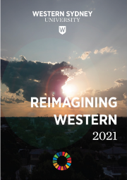 Front cover of 2021 sustainability report showing sunset over Western Sydney suburb