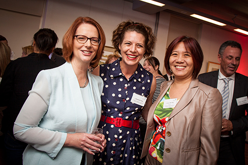Prime Minister Julia Gillard with Dr Amanda Third and Professor Ien Ang.