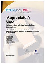 The cover of the 'Appreciate A Mate' report which has a watermarked background of hands holding a mobile which an 'Appreciate A Mate' positive message on it.
