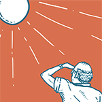 Illustration of a man looking towards the sun, shielding his eyes. 