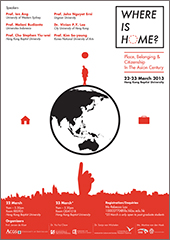 An image of the Where is Home flyer. The illustration shows a man on top of Earth. On the other sides are a suitcase and a house. Underneath is a hand pointing upwards.