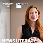A section of the News Literacy and Australian Teachers report cover featuring a smiling woman 