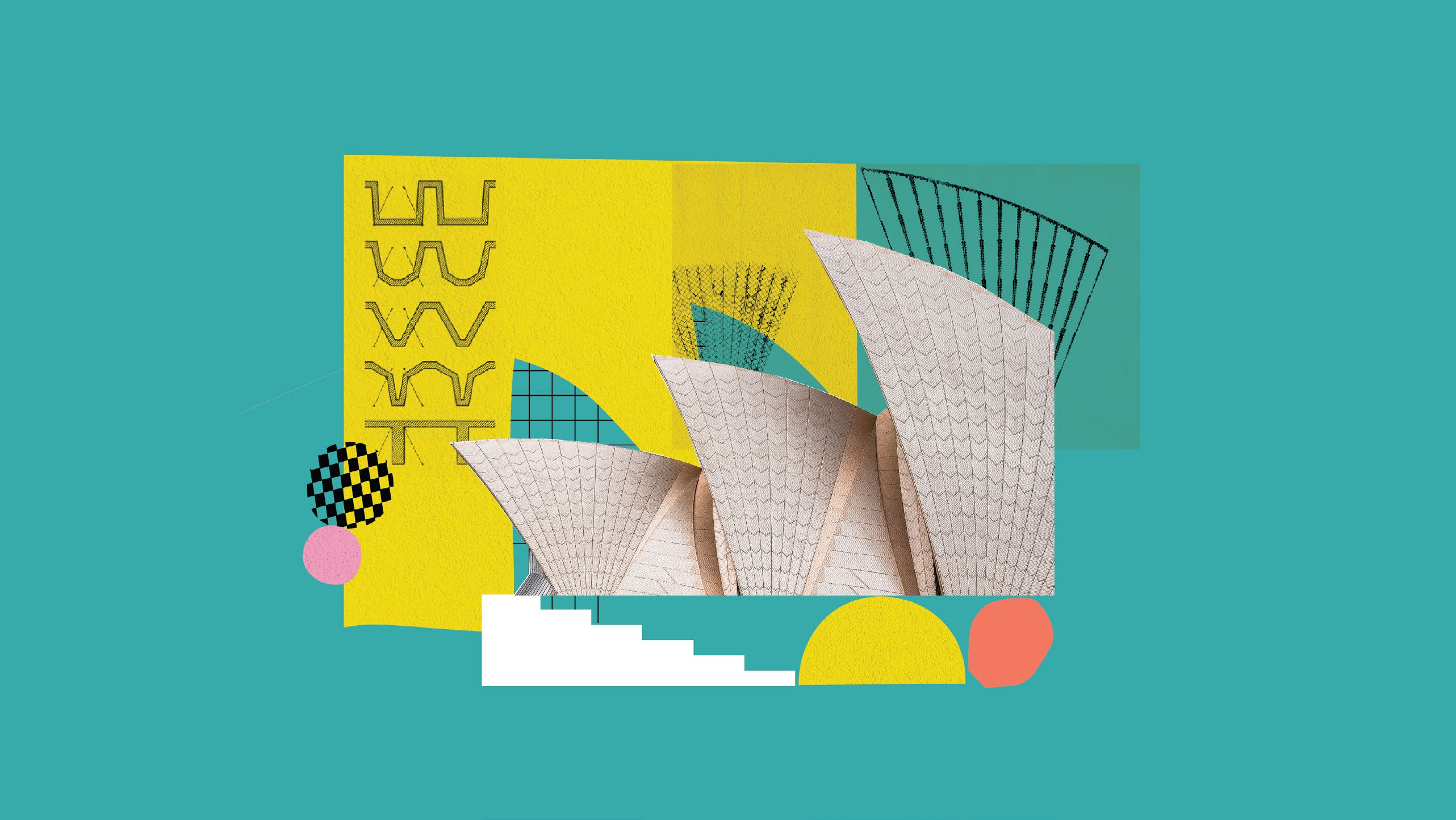teal background with abstract representation of the Sydney Opera House sails in white in front of a yellow square