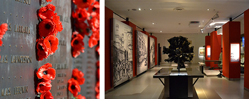 Two images: one of red poppies on an ANZAC memorial (list of names), and the other of a room with pictures on the wall and displays.