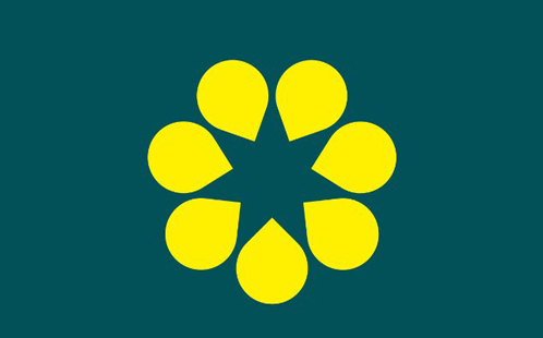 Golden wattle emblem made up of seven gold petal shapes to form a flower against a green background.