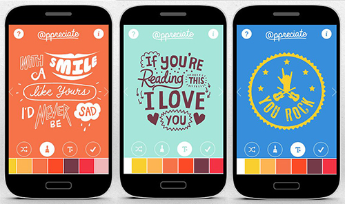 Three mobile phones each showing a different message: white on orange background – With a smile like yours I’d never be sad (with smile and cloud in the text); maroon on mint background – If you’re reading this I love you (with hearts); yellow on a blue background – You rock (in a circle with hand and two guitars crossed over each other).
