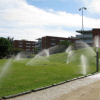 Water sprinkler showering grass and flowers in park